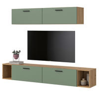 WOHNWAND grün, Eiche Artisan 202 cm, Schrankwand mit Soft-Close - Schwarz/Eiche Artisan, Holzwerkstoff/Kunststoff (202/184/34cm) - Inn.Furn