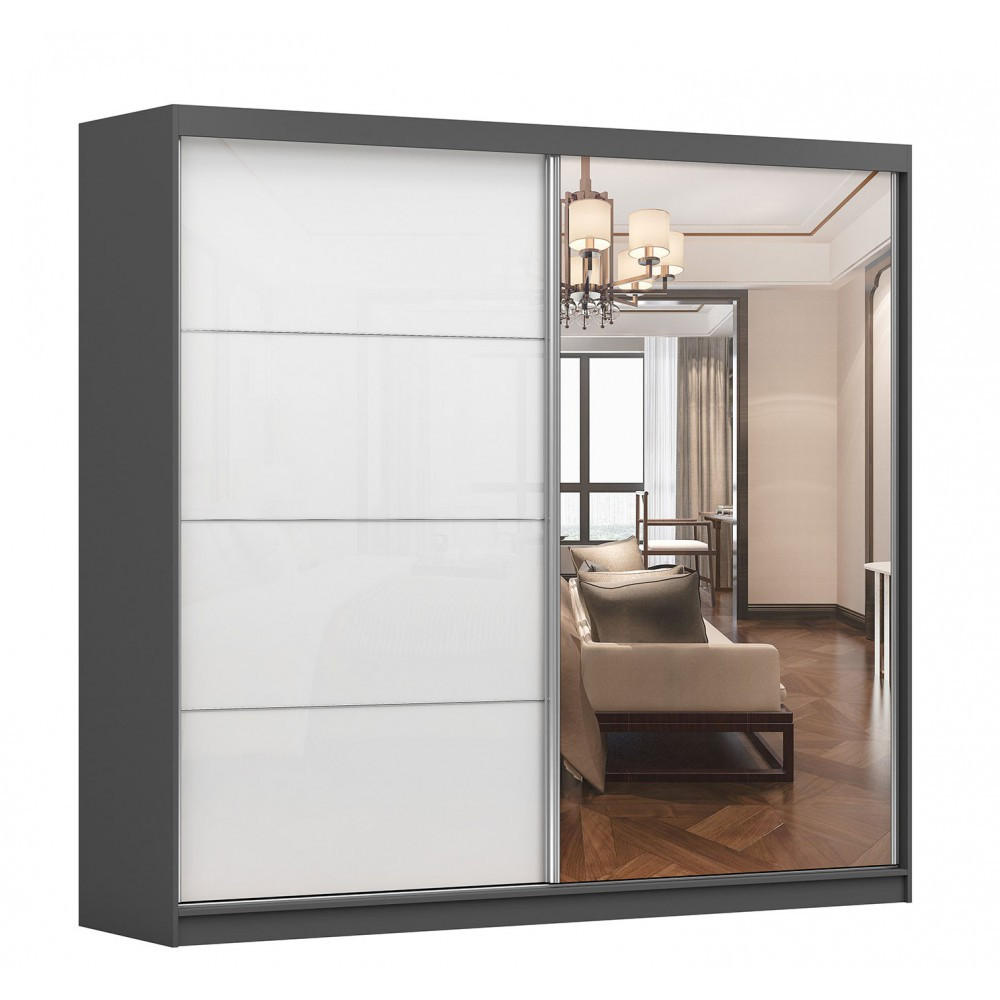 SCHWEBETÜRENSCHRANK Multi 35 Grau/Weiß Semigloss + Spiegel 233 cm - Alufarben/Weiß, Glas/Holzwerkstoff (233/218/61cm) - imoebel24