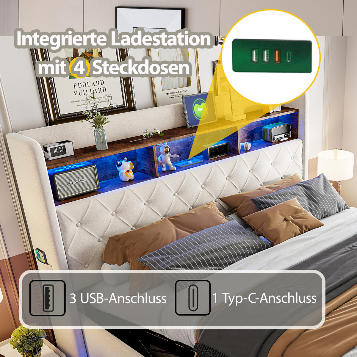 POLSTERBETT 180x200 cm LED USB Stauraum beige - Beige, Textil (180/200cm) - Fortuna Lai