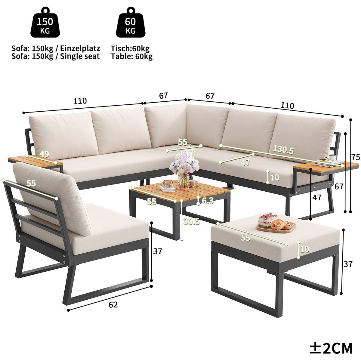 LOUNGESET, 7 Personen, Eisen, Ecksofa, Holztisch, Beige - Beige, Metall - FLIEKS