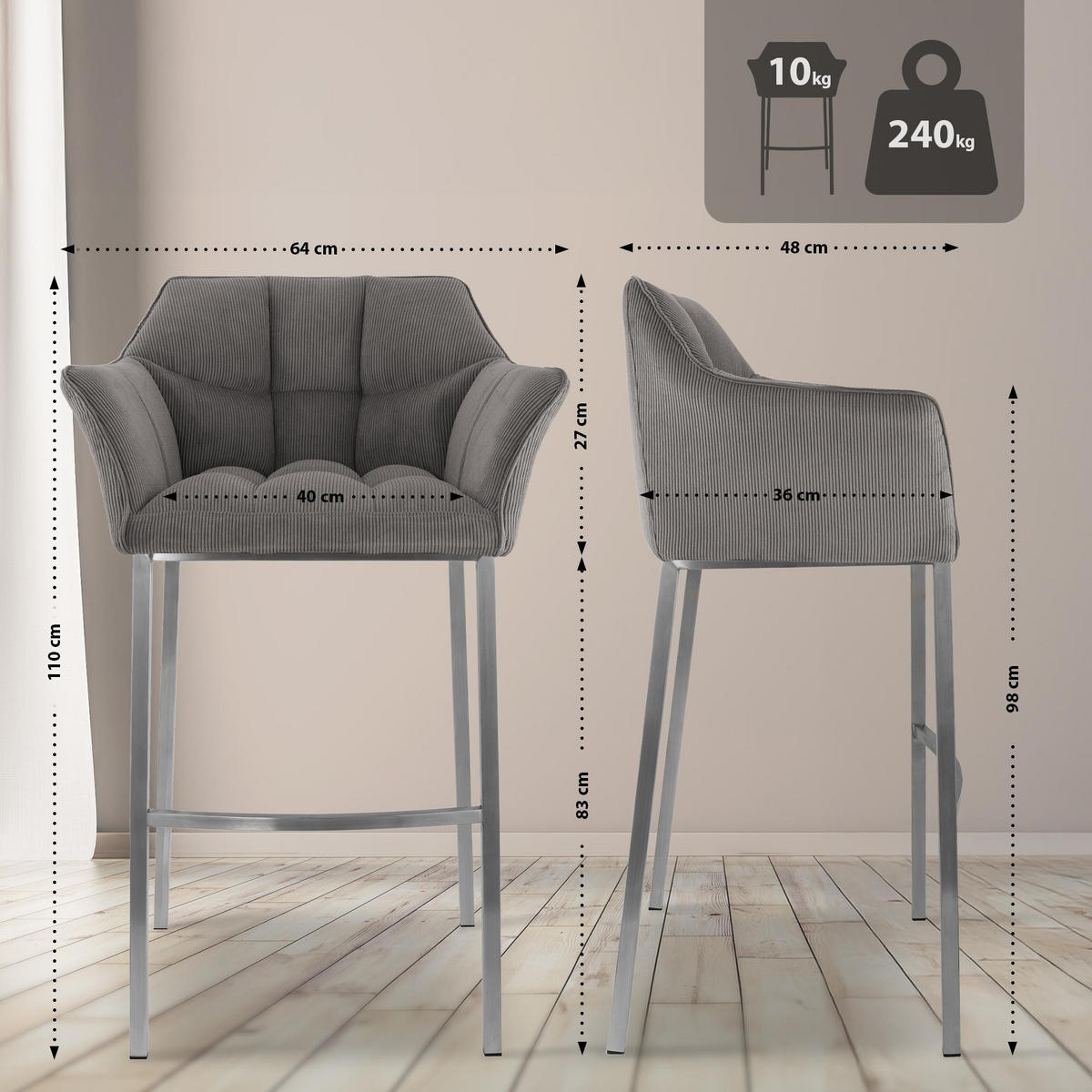 BARHOCKER Damaso Cordbezug 110x64x48 cm taupe - Taupe, Metall (64/110/48cm) - furnicato