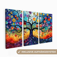 LEINWANDBILD 3er Set Bunt - Baum des Lebens - Blumen - Abstrakt 180x120 cm - Blau, Textil (180/120cm) - MuchoWow