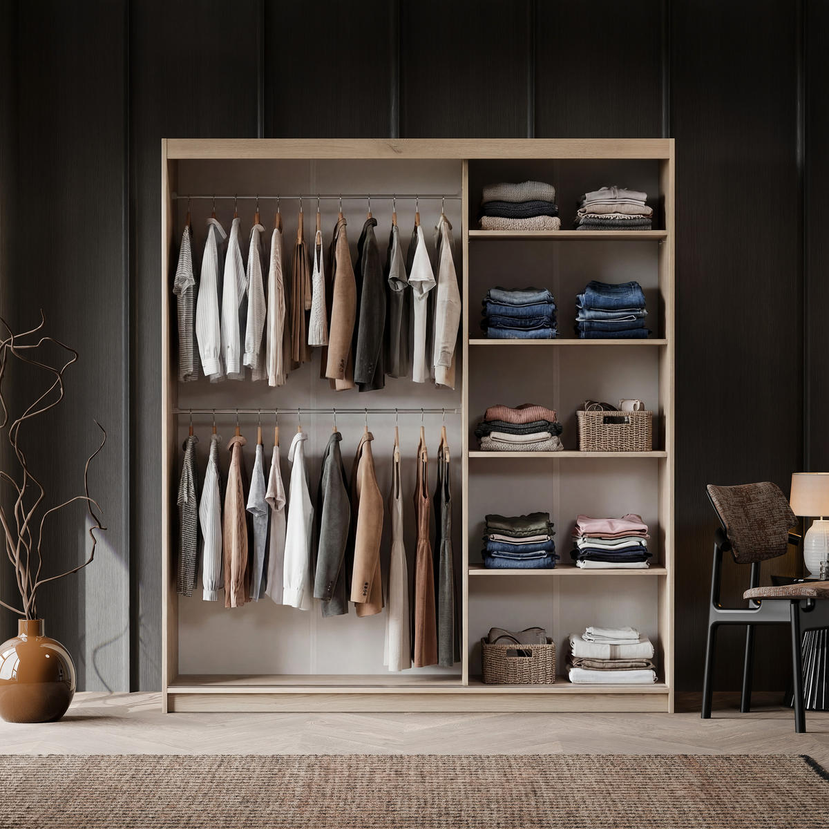 SILENTE 180 cm Schiebetürenschrank mit Einlegeböden und Kleiderstange - Braun, Holzwerkstoff (180/205/60cm) - Idohome