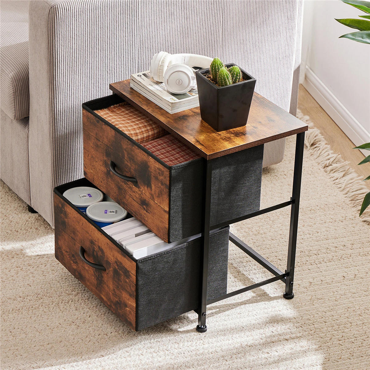 NACHTSCHRANK 2er Set 45,7/50,8/30 cm mit 2 Stoffschubladen braun - Braun, Metall (45.7/50.8/30cm) - Kaket
