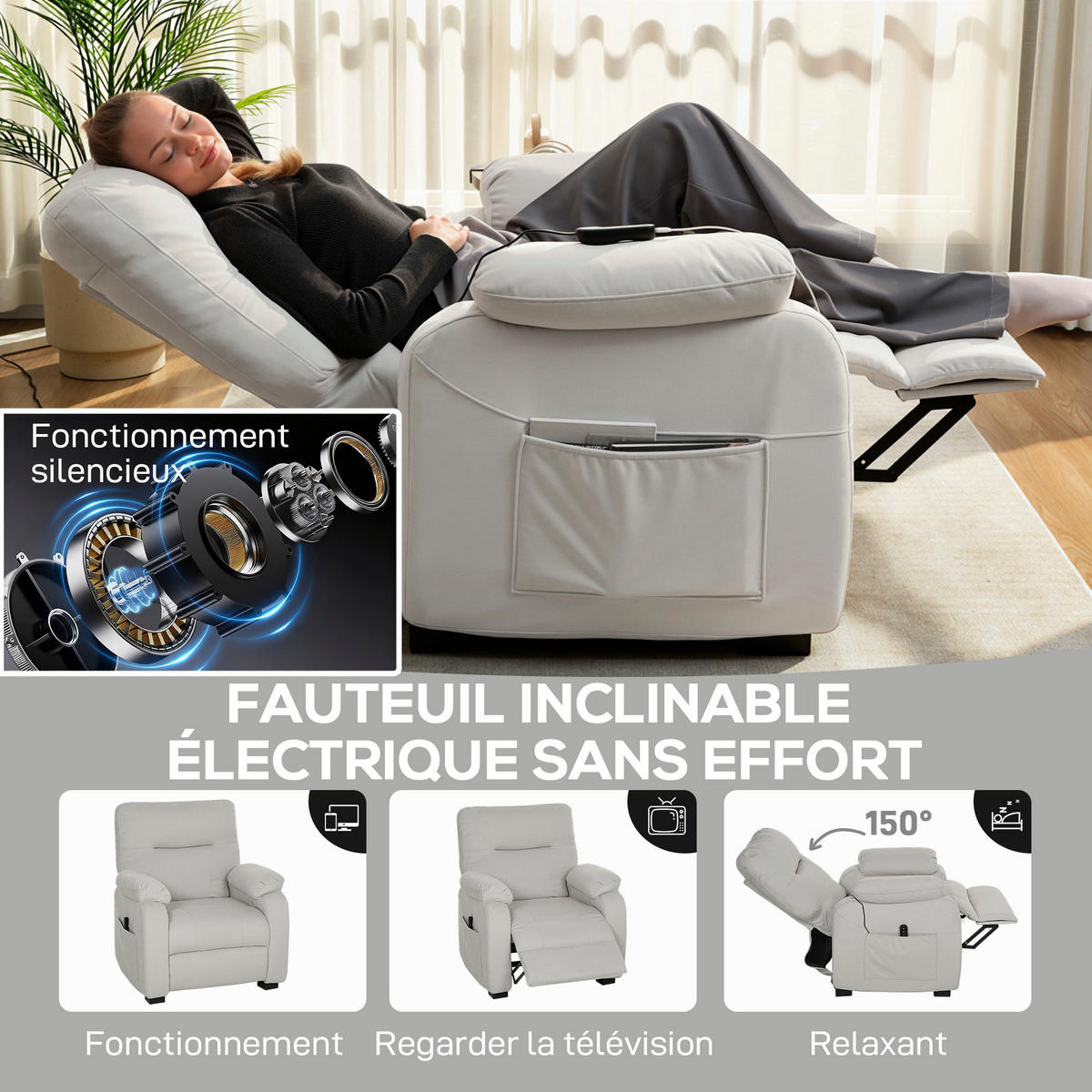 RELAXSESSEL DE-15436 elektrisch neigbar mit USB und Fußstütze Creme - Creme, Metall (90/103/96cm) - ComfortXL