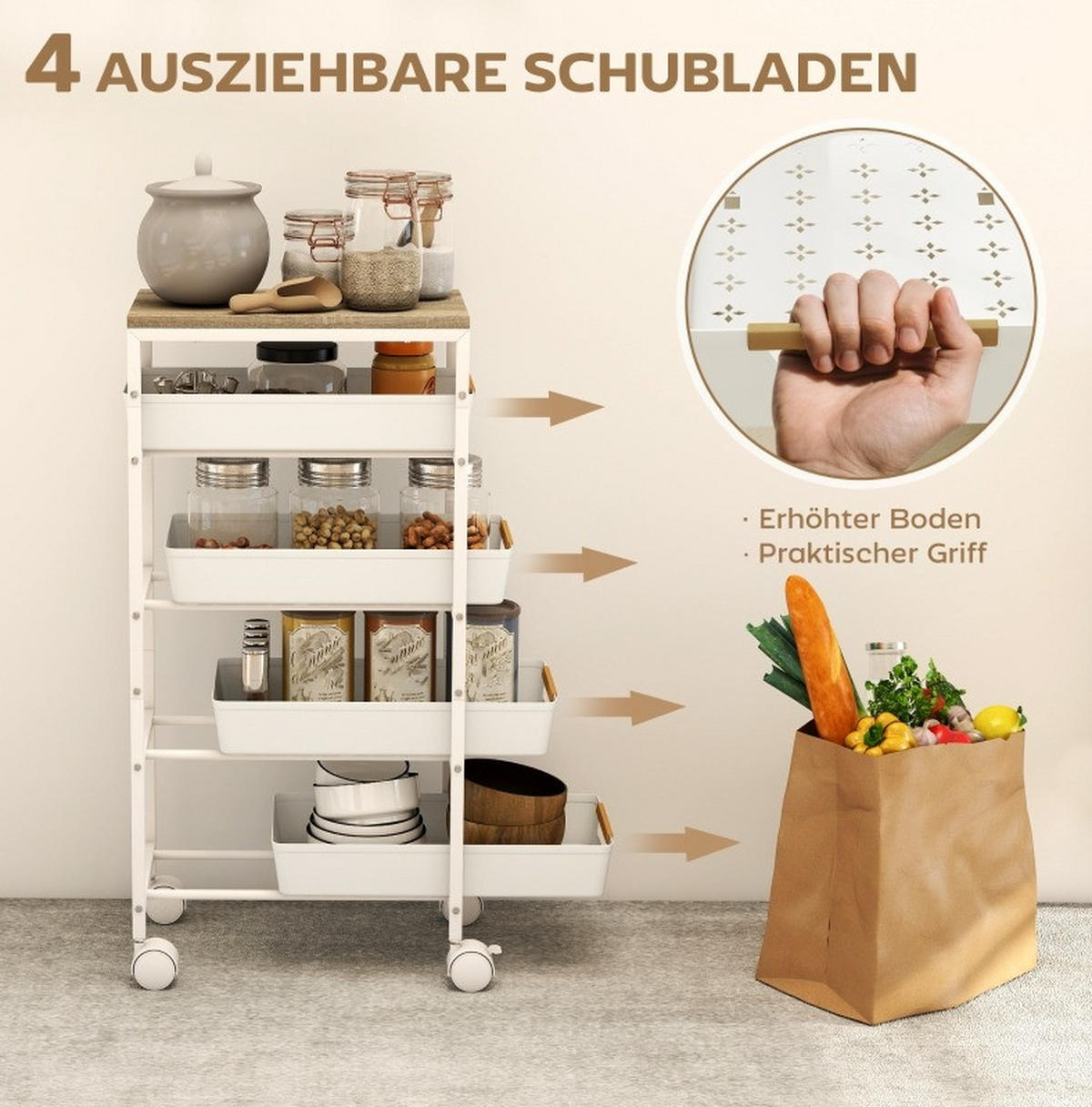 KÜCHENINSEL 39,5/24/82 cm aus Metall mit 4 Schubladen, rollbar und platzsparend, Weiß - Weiß, Metall (39.5/82/24cm) - Redom