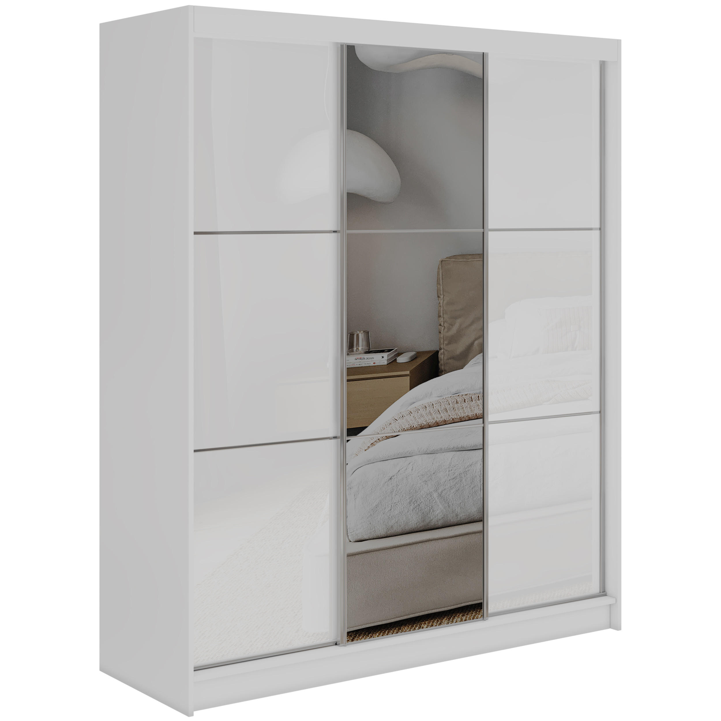 SCHWEBETÜRENSCHRANK mit Spiegel und Schubladen - WALENCJA - 180 - Weiß lacobel - Alufarben/Weiß, Holzwerkstoff/Metall (180/216/61cm) - MKS
