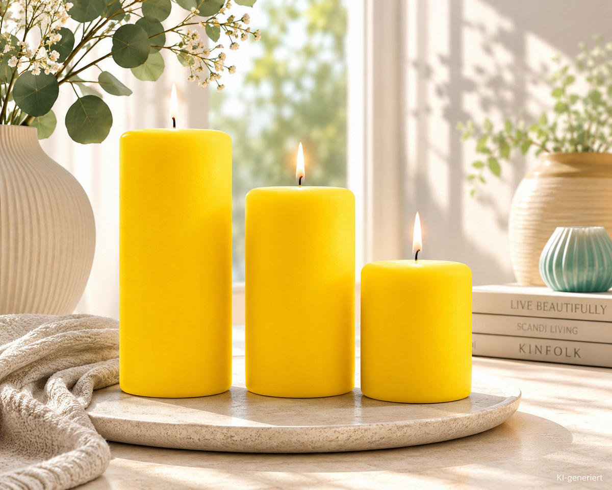 STUMPENKERZEN Samt-Lack Limoncello 8 x 6 cm, 4er Set - Gelb, Paraffin (6/8/8cm) - Kopschitz Kerzen