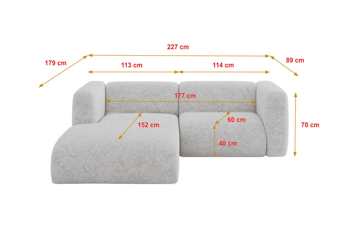 ECKSOFA Ottomane Links MIRA-L1 227x179x89 Grau Velours - Schwarz/Grau, Holzwerkstoff/Kunststoff (227/179cm) - ALTDECOR