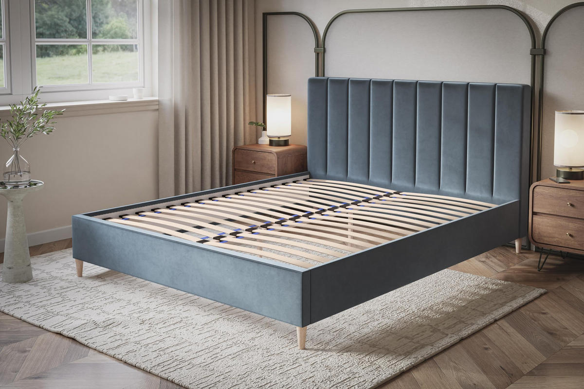 POLSTERBETT LUX Tokio mit Kopfteil, 120 x 200 cm, Doppelbett mit Lattenrost aus Holz, Velourstoff Blau, Füße in Farbe: Braun - Blau, Holz/Textil (120/200cm) - Alpi-Möbel