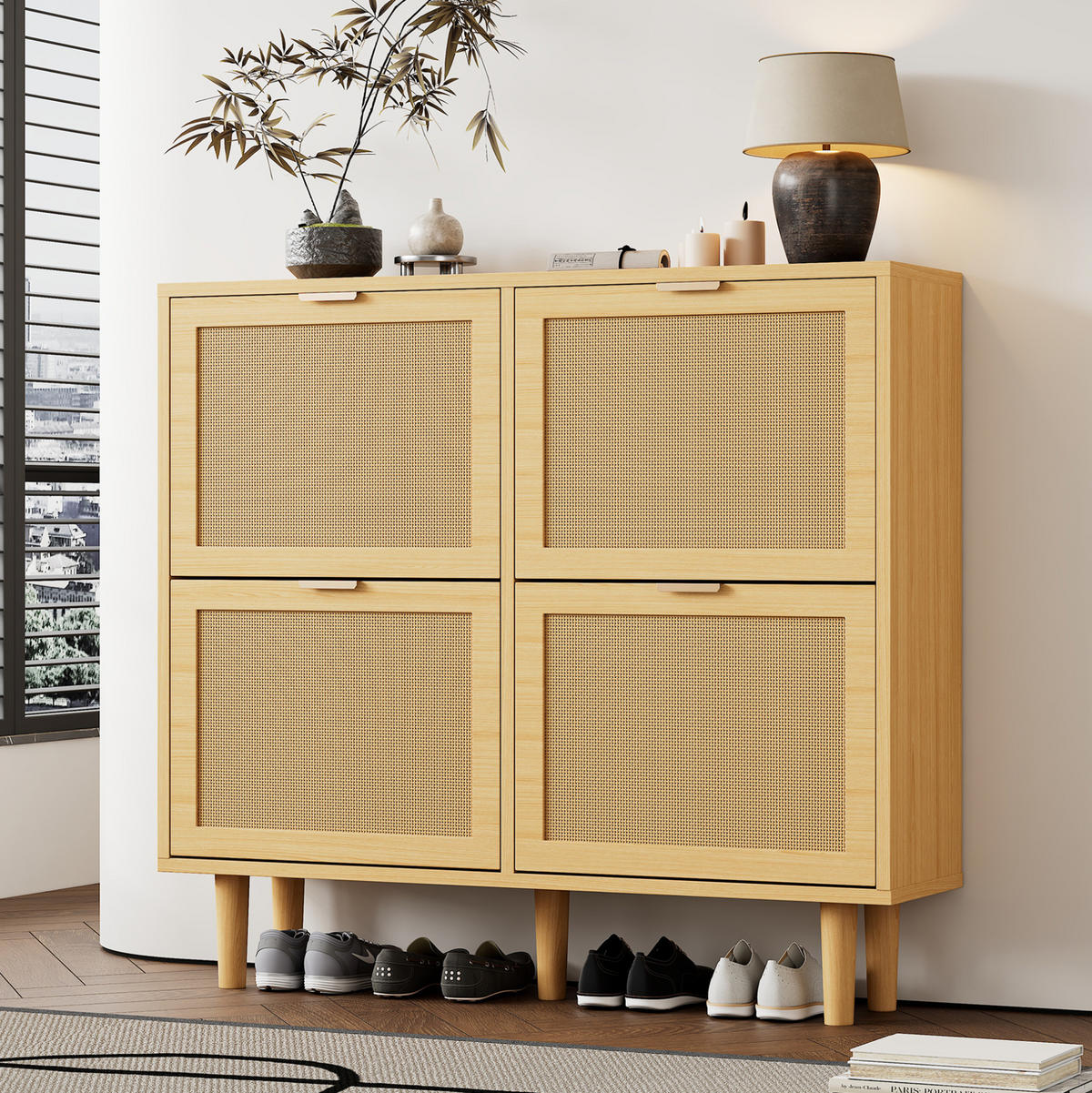 SCHUHSCHRANK 100/25/90 cm in Eichefarben mit Rattanfronten und 4 Klappen - Naturfarben, Holzwerkstoff (100/90/25cm) - Flora Grace