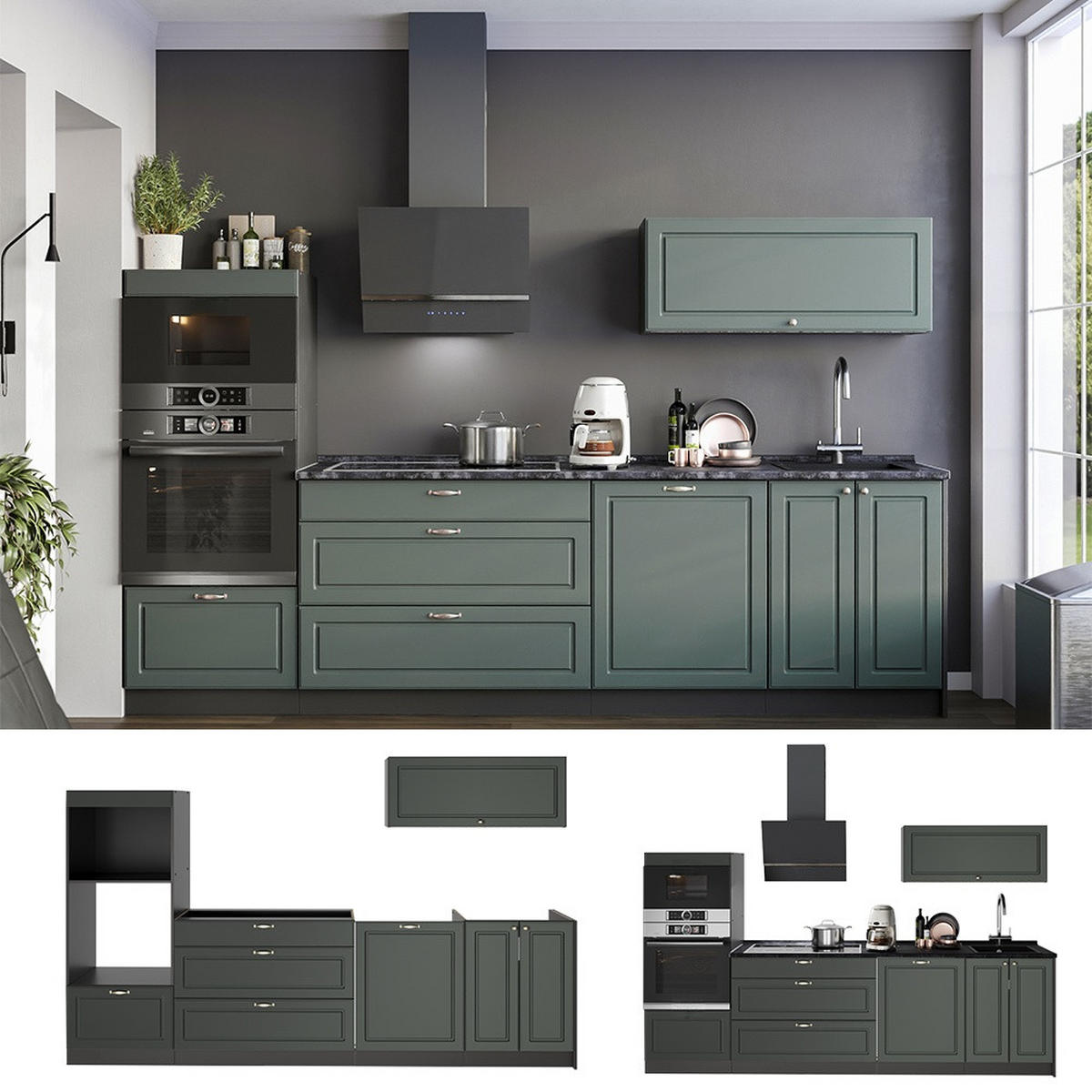 KÜCHENZEILE Fame-Line, Grün-Gold Landhaus/Anthrazit, 280 cm, AP Anthrazit - Anthrazit/Grün, Holzwerkstoff (280/153.6/60cm) - Vicco