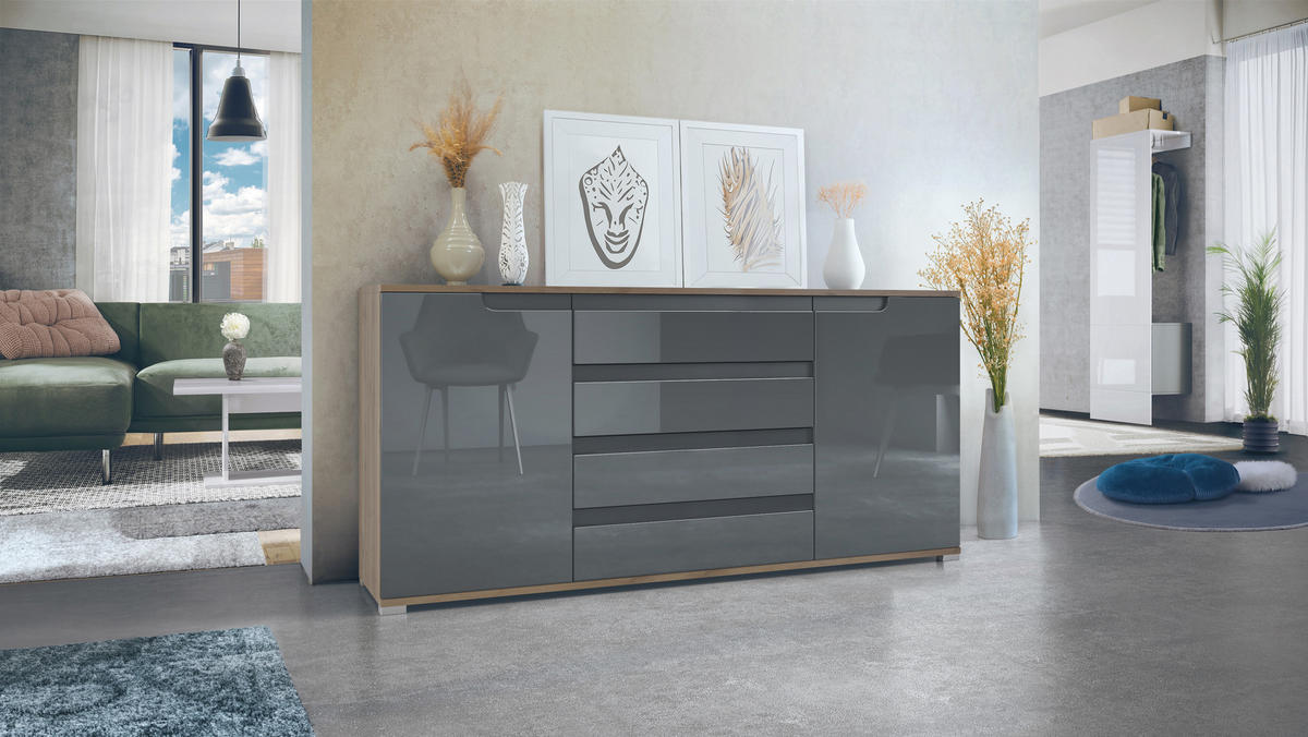 SIDEBOARD Sylt Grau Hochglanz / Anthrazit matt - Grau, Holzwerkstoff (166.5/75.5/35cm) - Vladon