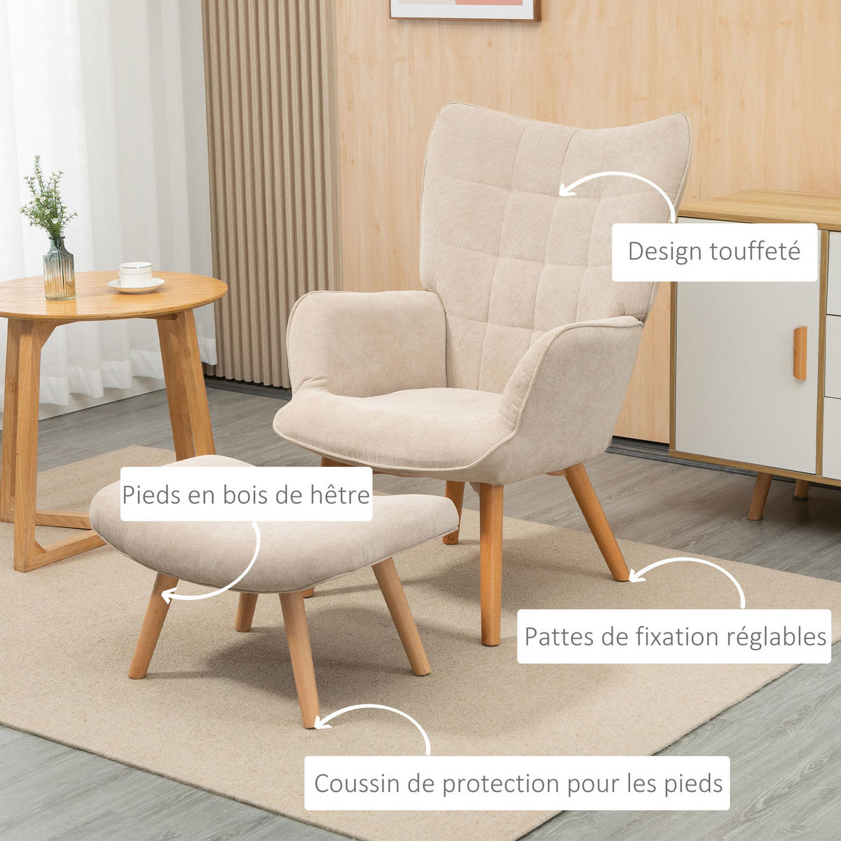 SESSEL mit Fusstütze DE-17398 Beige - Beige, Holz (80/101/72cm) - ComfortXL
