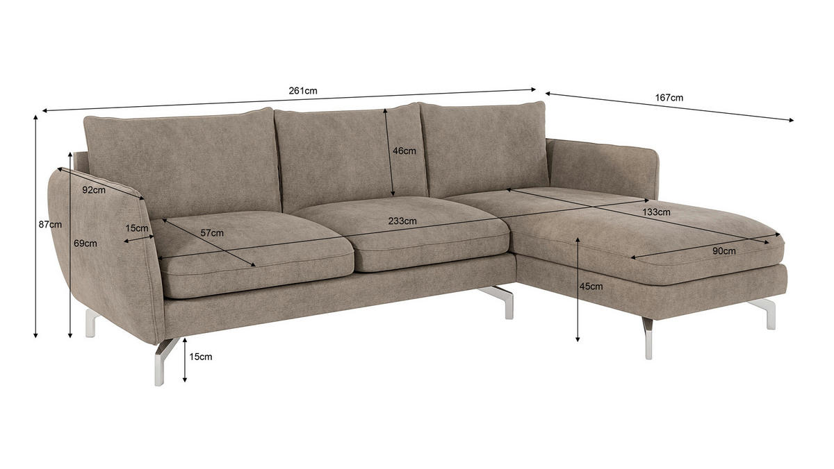 ECKSOFA Elou Dunkelbeige Microfaser - Chromfarben/Beige, Holz/Textil (261/167cm) - S-Style Möbel
