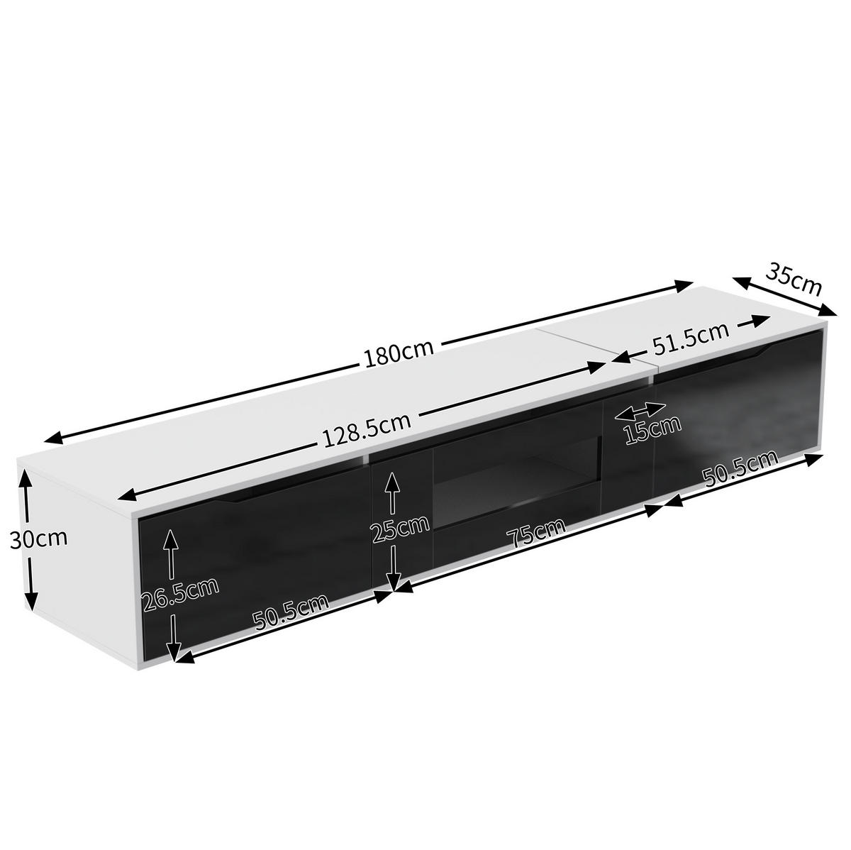 LOWBOARD 180/35/30 cm Weiß/Schwarz aus Spanplatte mit LED-Beleuchtung - Schwarz, Holzwerkstoff (35/30/180cm) - OKMYHOME