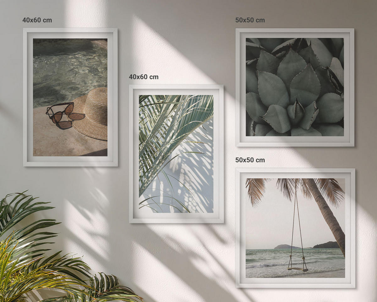 WANDBILDER 4er-Set - 50x50 cm & 40x60 cm Weißer Rahmen - Tropische Pflanzen für den Urlaub - Weiß, Kunststoff (50/50cm) - ArtPrintCave