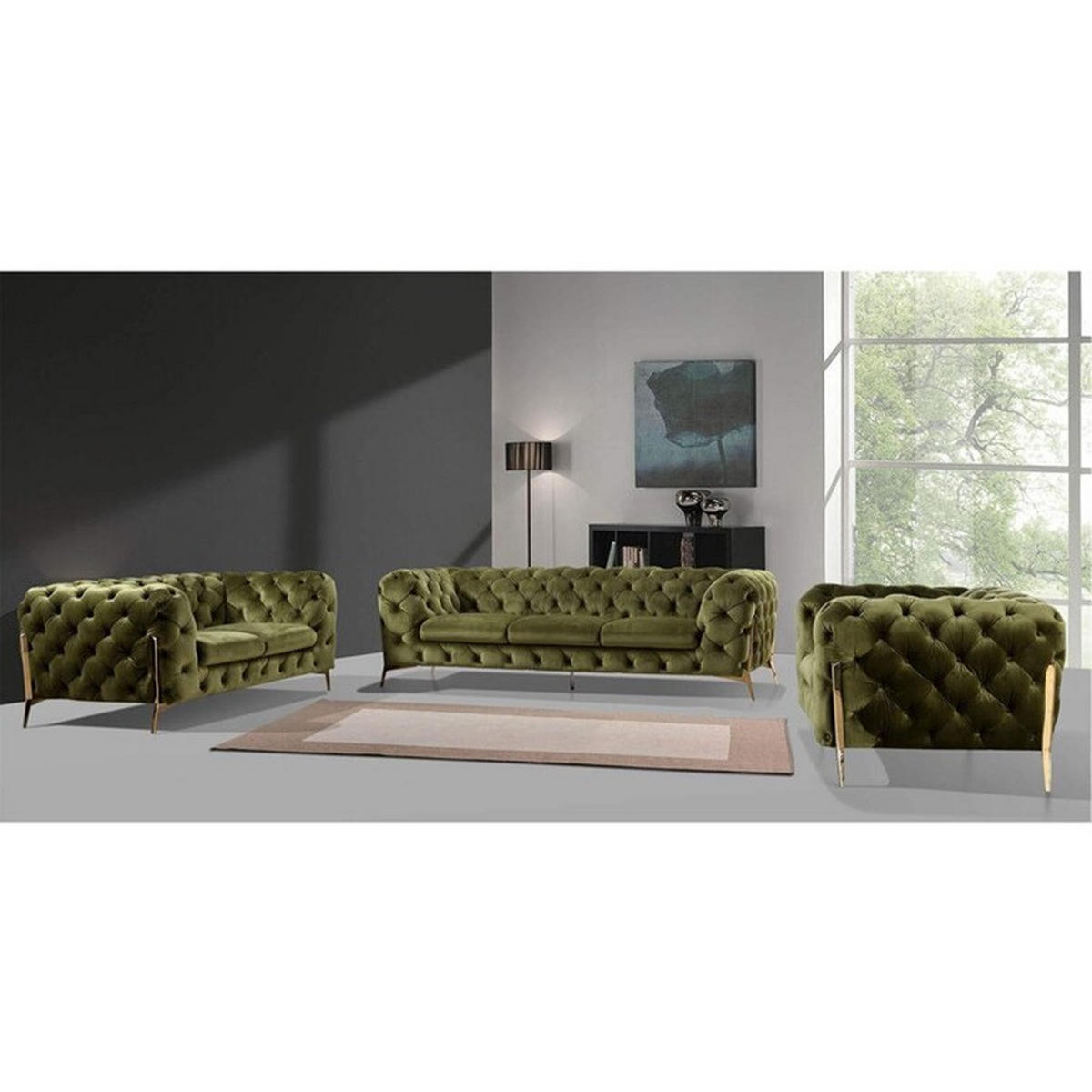 SITZGARNITUR 3+2+1 Chesterfield Lexi Olive Samt - Goldfarben/Olivgrün, Holz/Textil (243/75/100cm) - S-Style Möbel