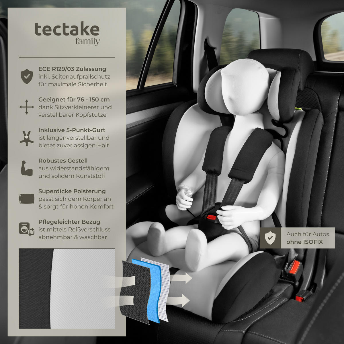 AUTOSITZ Sophie,von 76 bis 150 cm, Belastbarkeit 36 kg,hellgrau/schwarz - Hellgrau/Schwarz, Kunststoff (47/80.5/47cm) - tectake