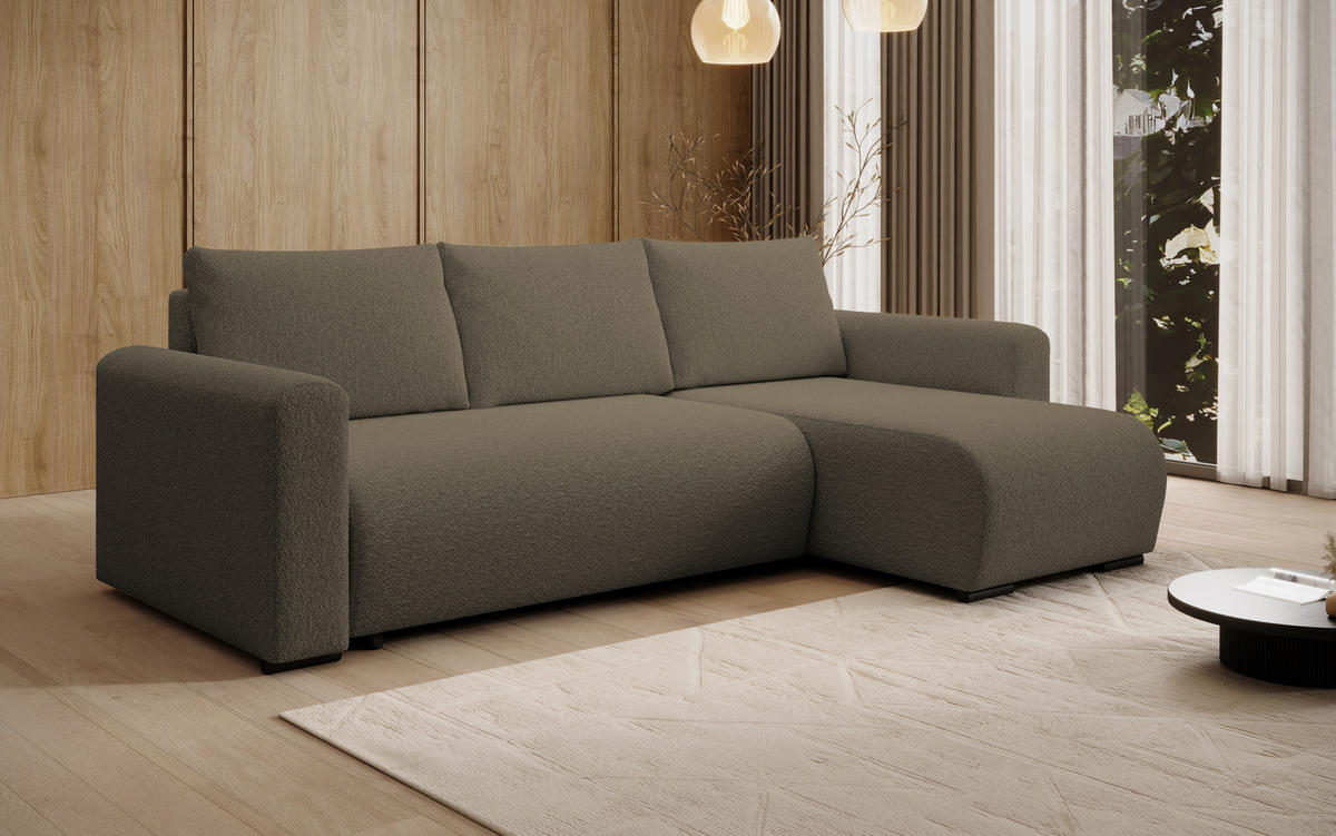 ECKSOFA DORA L, Eckcouch in L-Form mit Schlaffunktion und Bettkasten, Farbe: Cappuccino, Bouclé-Stoff, Ottomane Rechts - Cappuccino, Textil (240/143cm) - Storez24