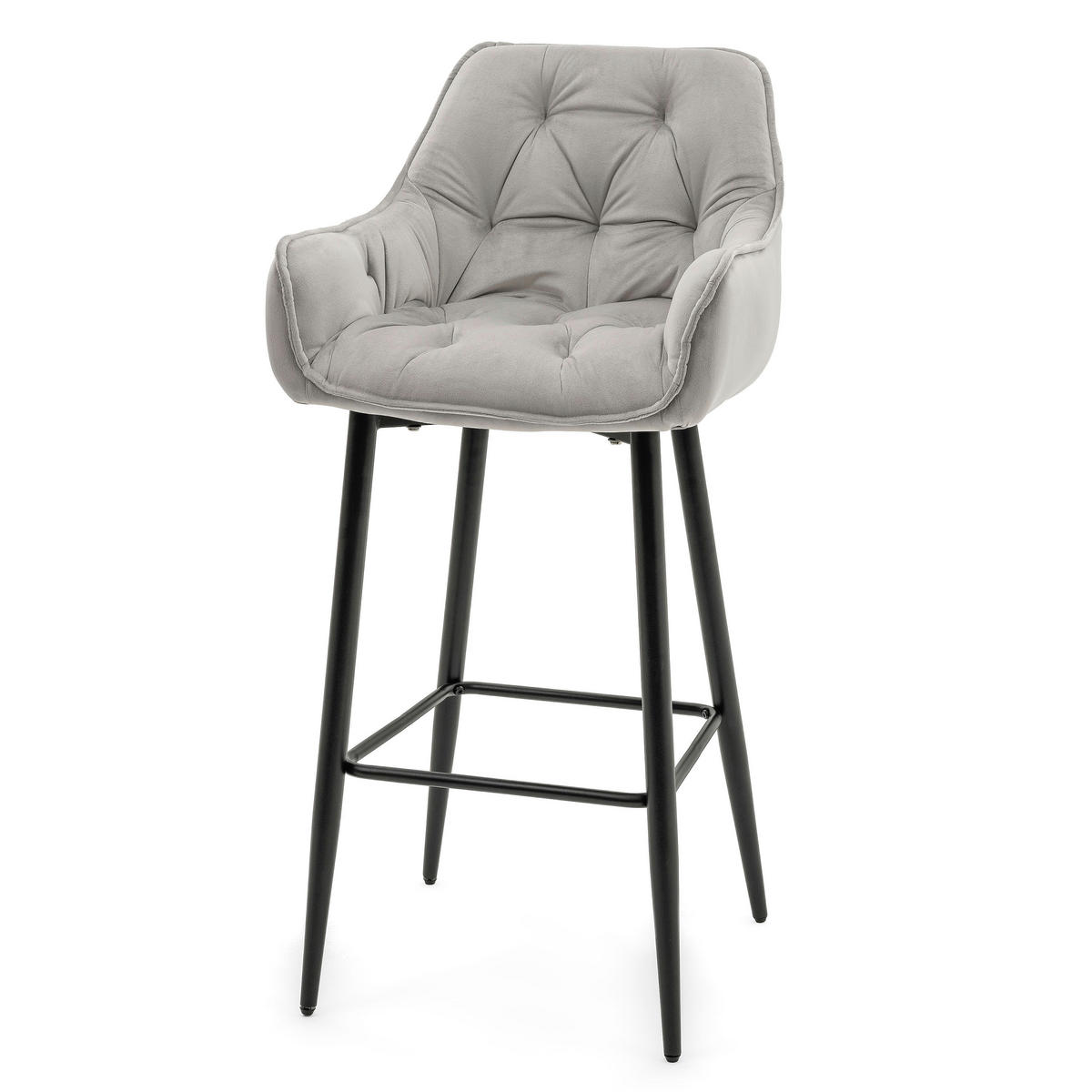 BARHOCKER SIENA gepolstert mit Steppung - hellgrau - Samt Velours - Hellgrau/Schwarz, Metall (53/107/52cm) - NEW HOME