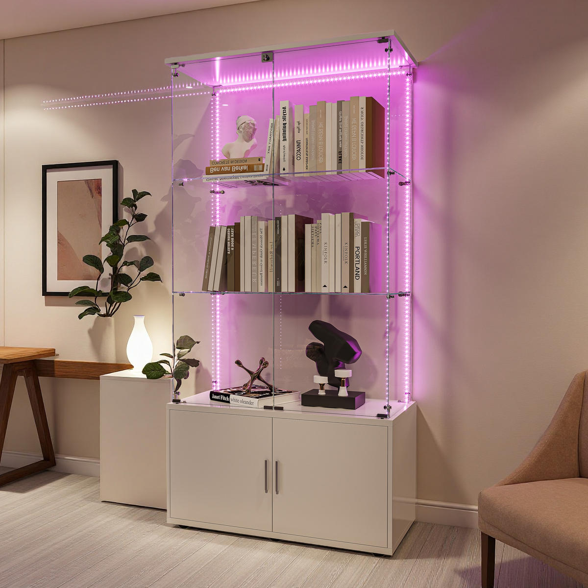STANDVITRINE 78.5x164cm mit LED-Leisten, ESG-Glas, Weiß, abschließbar - Weiß, Glas (35/164/78.51cm) - SHOPENTRA
