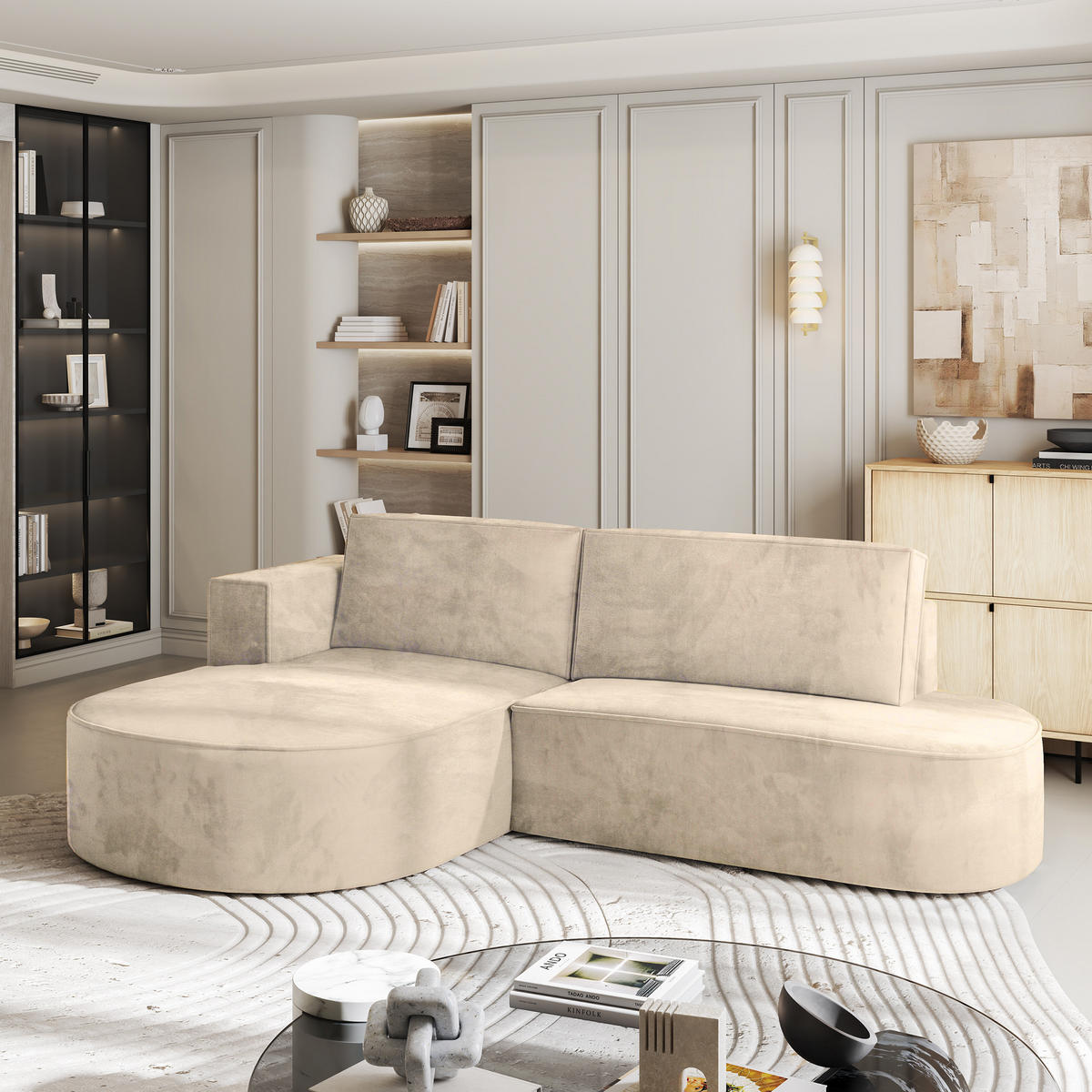 ROHOVÁ SEDAČKA CORTIO krémová - šedá/krémová, dřevo/textil (265/174cm) - MASSENO