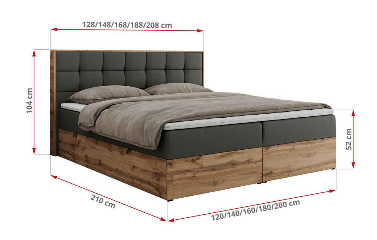 BOXBETT ALBERO 1 - 200/200 Dunkelgrau Kunstleder - H4 - Dunkelgrau, Holz/Textil (200/200cm) - MKS