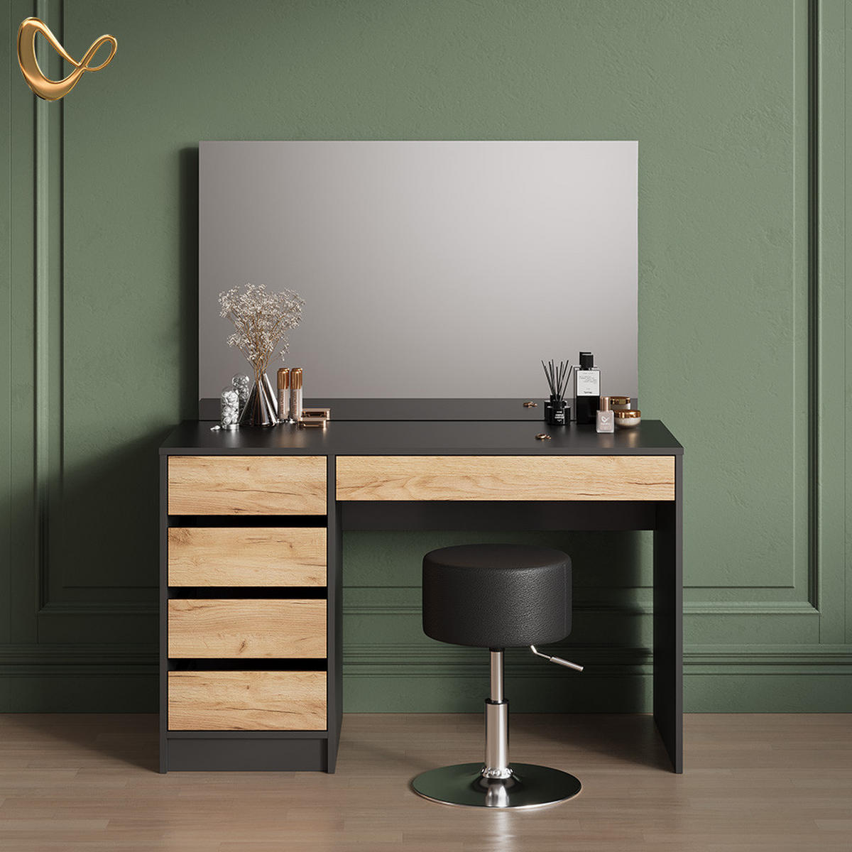 SCHMINKTISCH Imola Anthrazit/Goldkraft Eiche 120 cm mit Hocker - Anthrazit/Eiche Wotan, Holzwerkstoff (120/75/55cm) - Livinity®