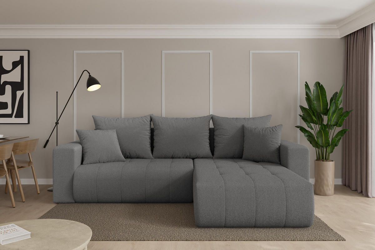 ROHOVÁ SEDAČKA s funkcí spaní, otoman vpravo MILA-L 277x194x86 šedá bouclé - šedá/černá, kompozitní dřevo/textil (277/194cm) - ALTDECOR