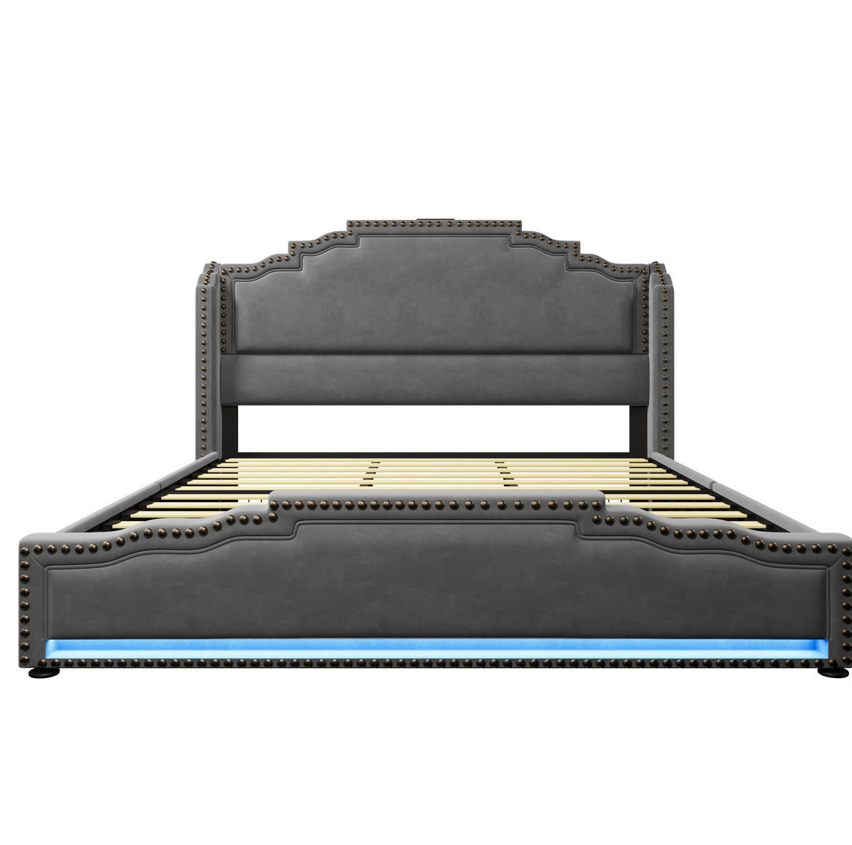 POLSTERBETT 180/200 cm mit 4 Schubladen, LED-Beleuchtung, USB-C und Lattenrost aus Samt, Grau - Grau, Textil (180/200cm) - Redom