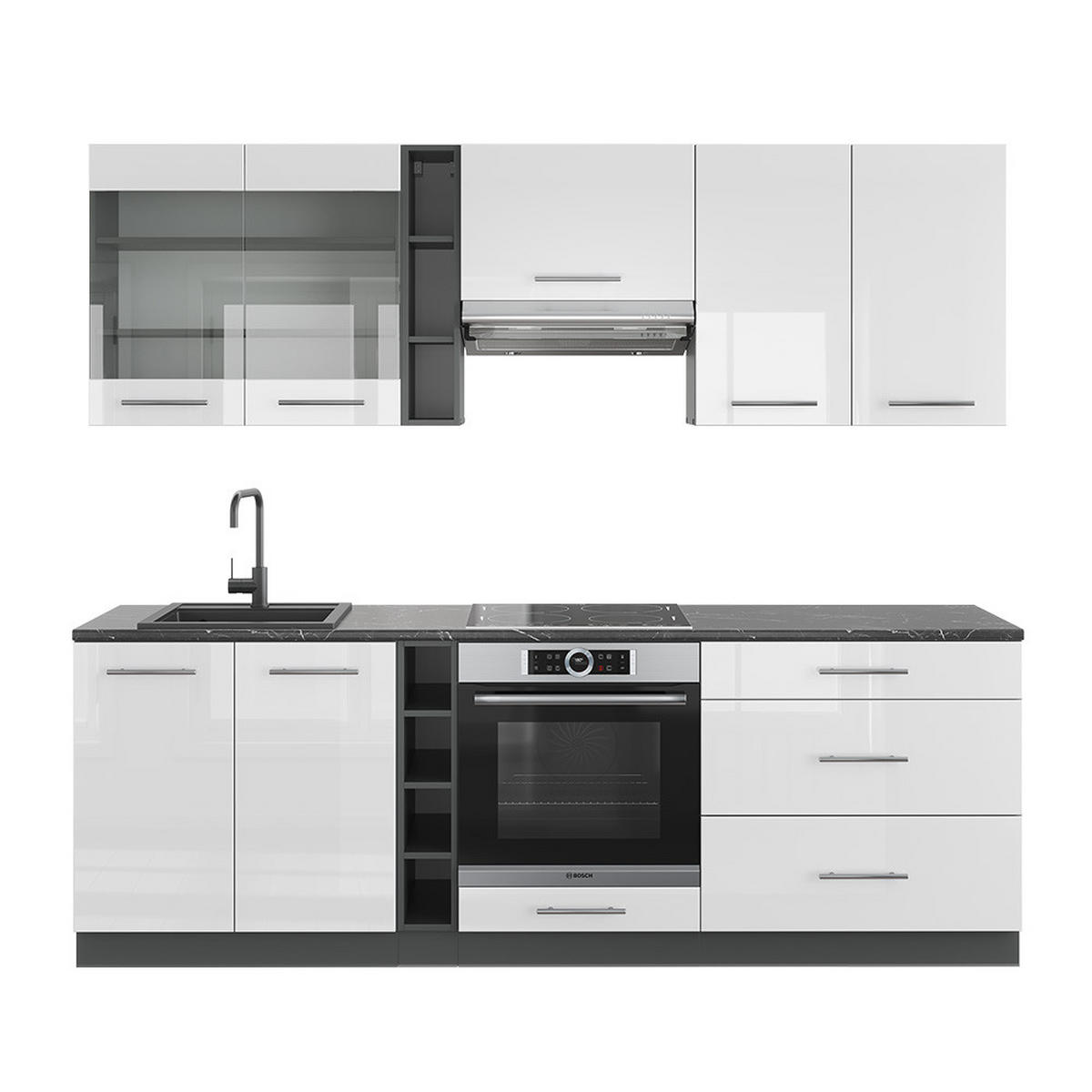 KÜCHENZEILE Fame-Line Weiß Hochglanz/Anthrazit 235 cm ohne AP - Weiß Hochglanz/Anthrazit, Holzwerkstoff (235/81.6/46cm) - Vicco