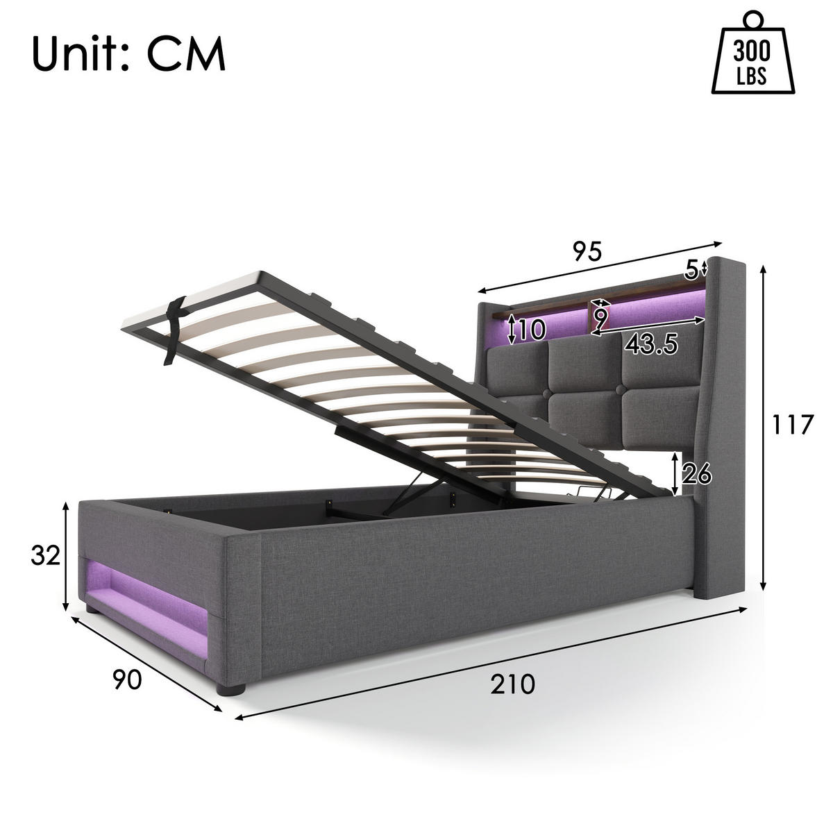 POLSTERBETT 90/200 cm Grau mit Bettkasten, LED und USB - Grau, Textil (90/200cm) - Flora Grace