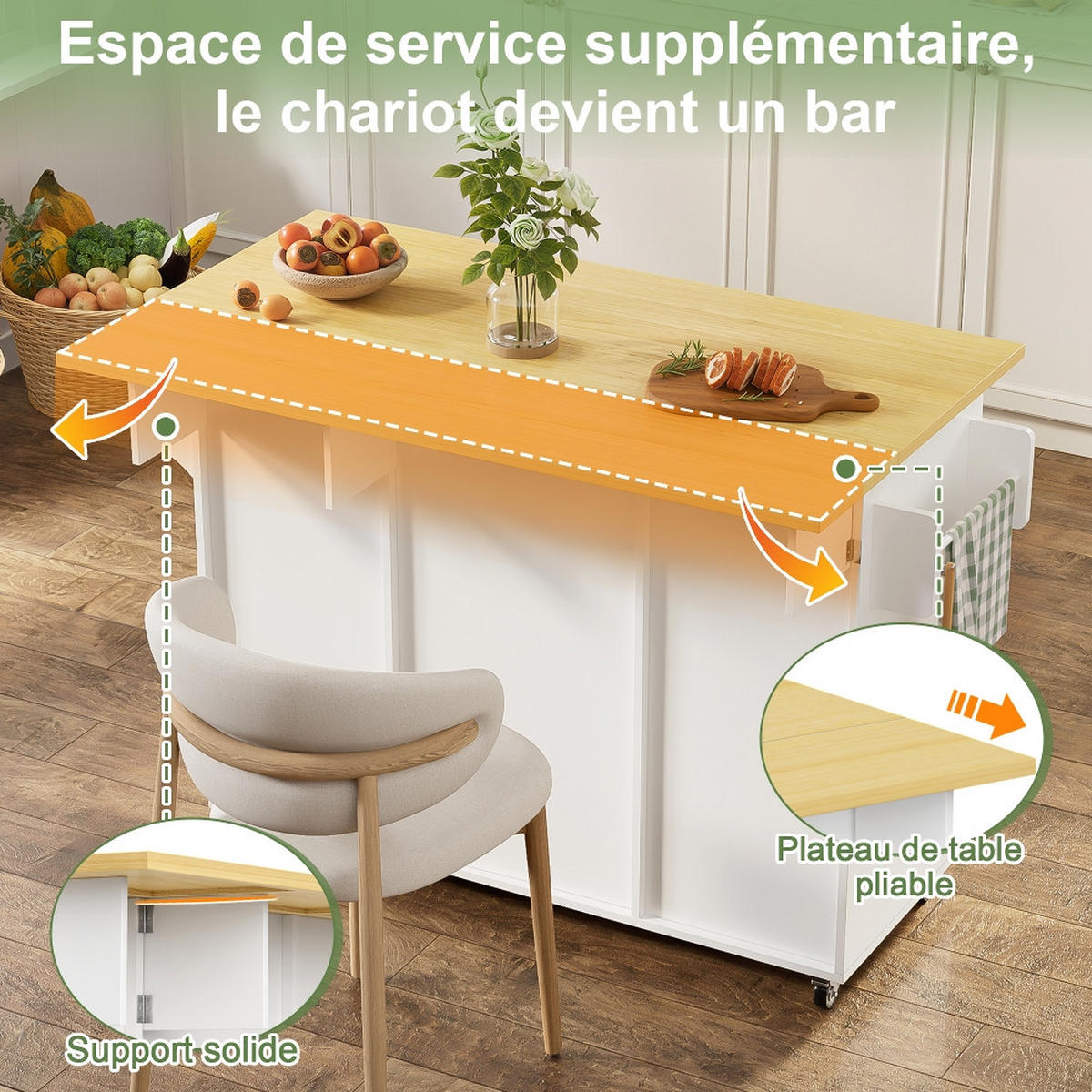 KÜCHENINSEL AUF ROLLEN Klappbare Arbeitsplatte MDF 120/45/92 cm - Naturfarben, Kunststoff (70/92/120cm) - Rolipo