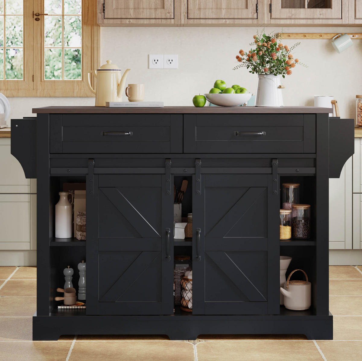 KÜCHENINSEL aus MDF 120x45(70)x91 cm Schwarz mit klappbarer Arbeitsplatte, Schiebetüren, Schubladen und Rollen - Schwarz, Holzwerkstoff (120/91/70cm) - Modfu