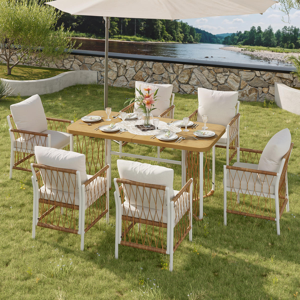 GARTENSETS aus Eisen & Polyester 159,5x77,5x75 cm Beige mit 1 Tisch & 6 Stühlen - Beige, Metall - Modfu
