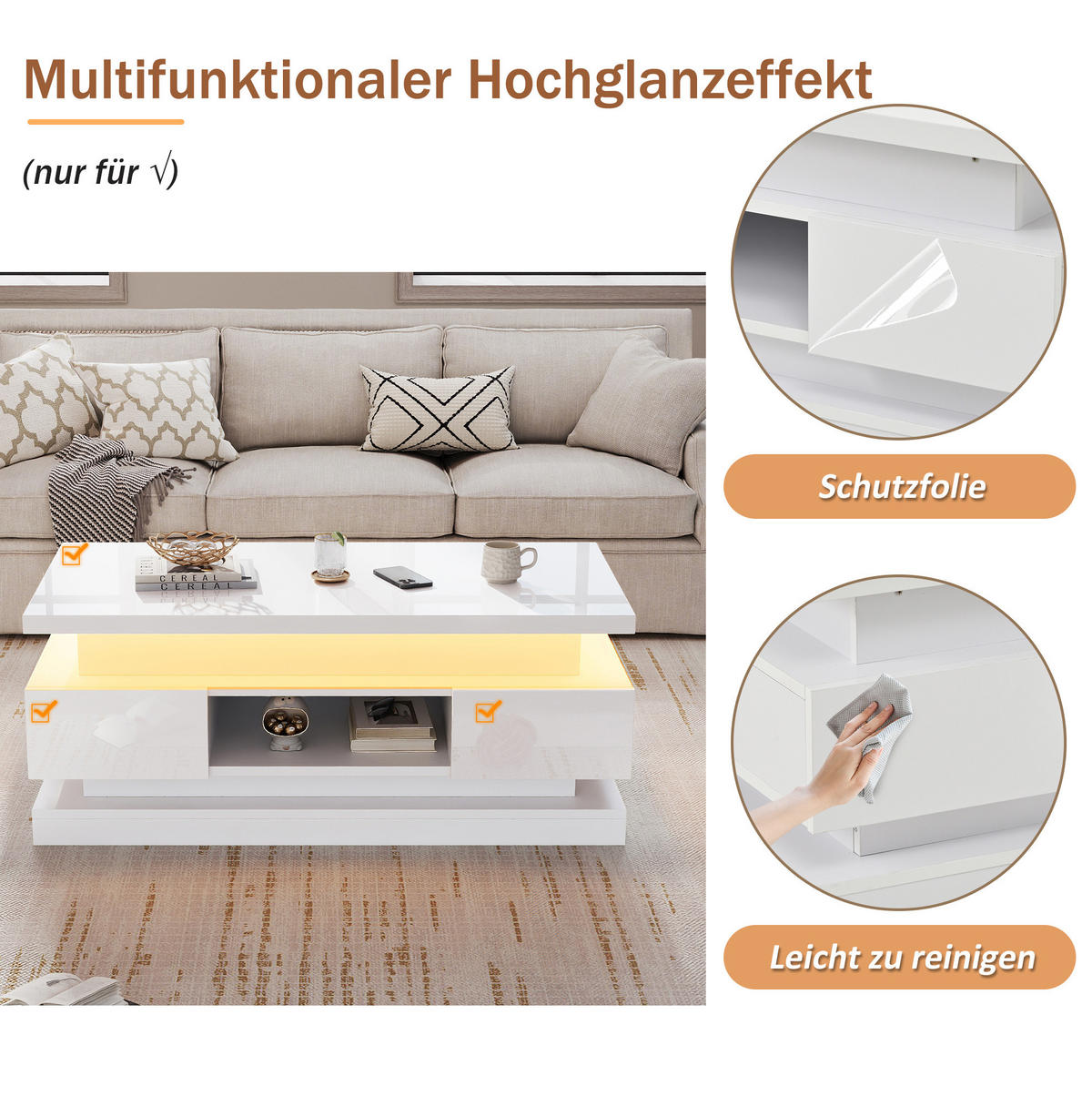COUCHTISCH 100/50/40 cm höhenverstellbar mit LED, USB-Anschluss, 2 Schubladen und Stauraum, Weiß - Weiß, Holzwerkstoff (100/50/40cm) - Redom