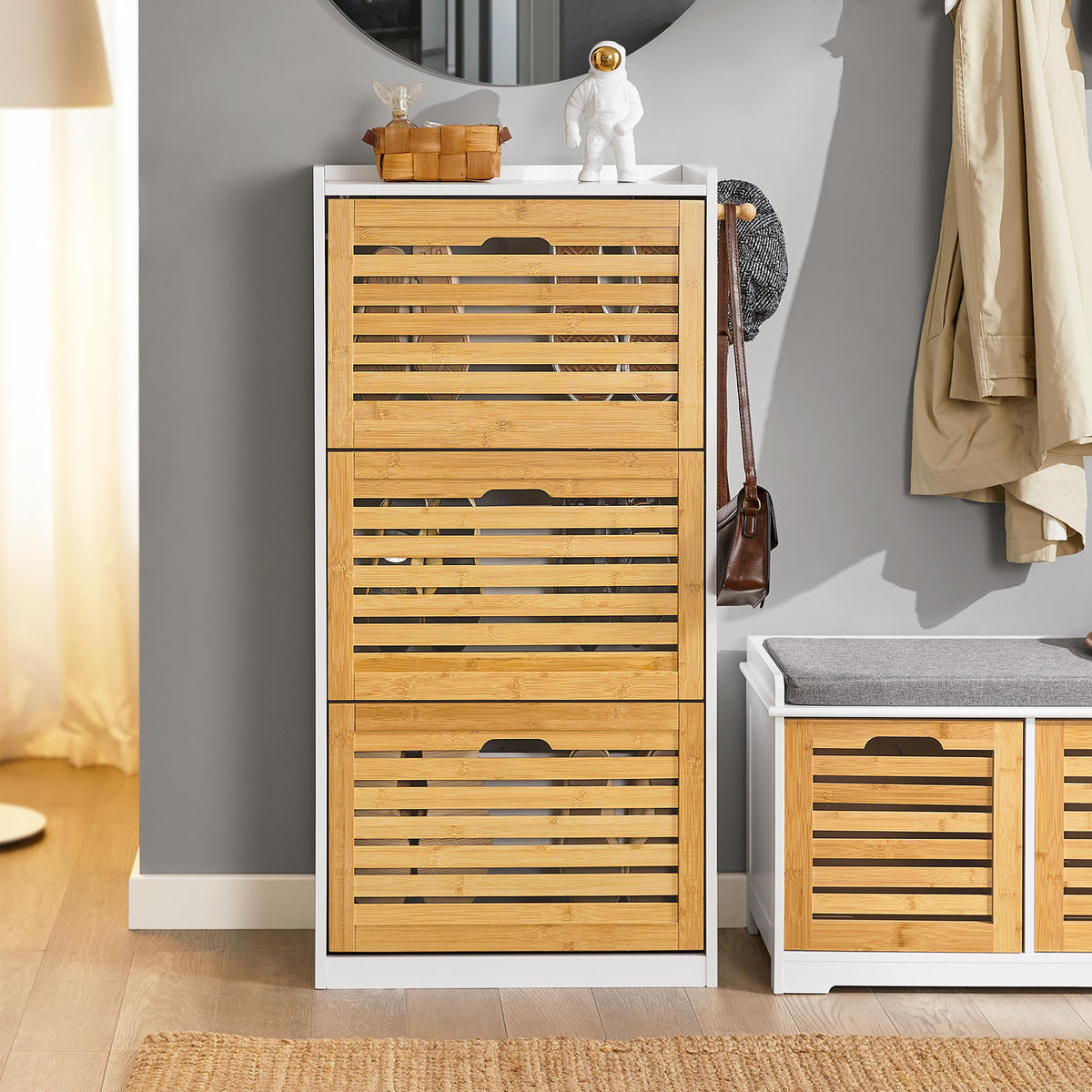 SCHUHSCHRANK Weiß-Natur - Naturfarben, Holzwerkstoff (55/112/30cm) - SoBuy
