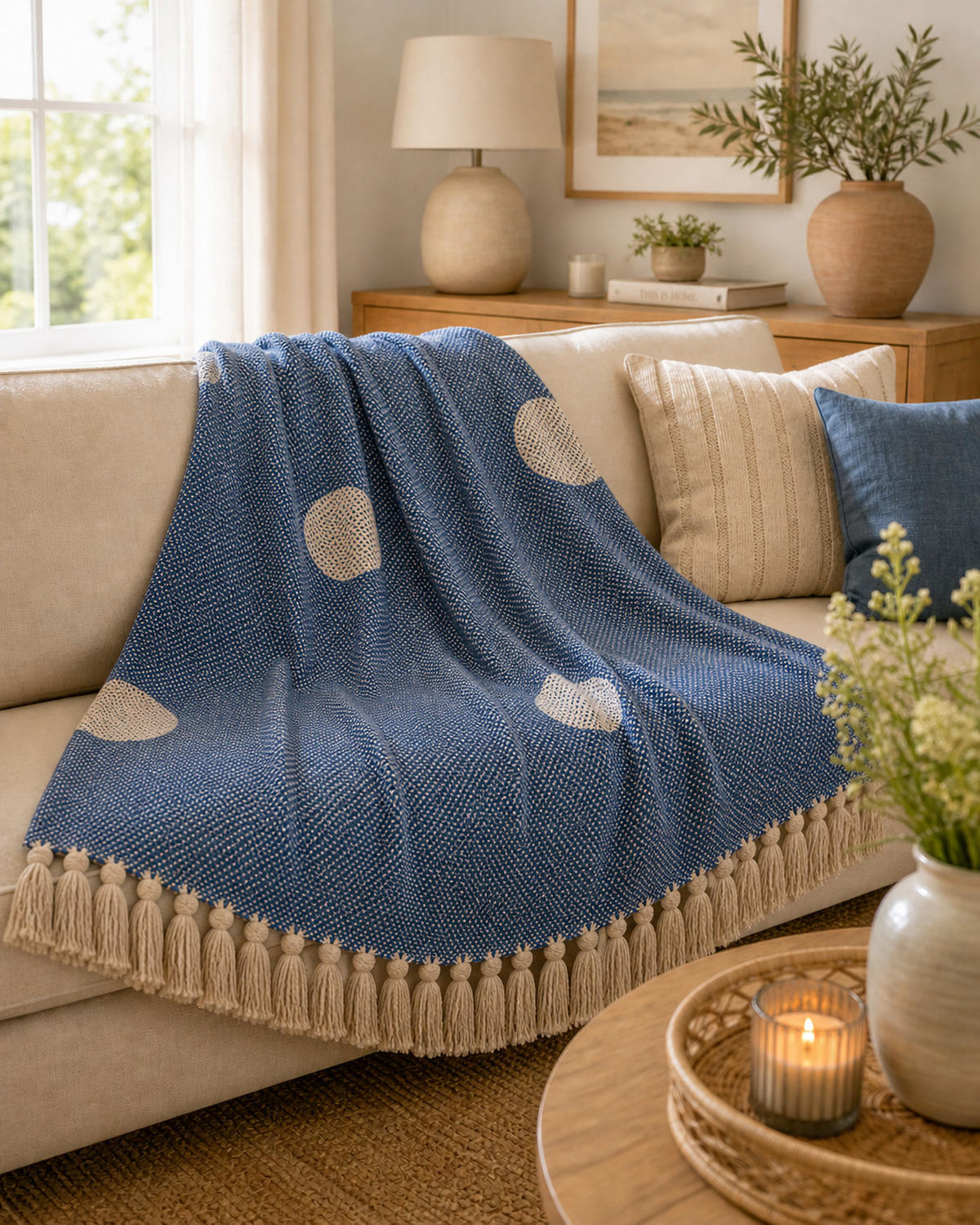 WOHNDECKE Baumwolle 130x170 cm Mit Fransen – Polka Royal/Natur - Blau, Naturmaterialien (130/170cm) - AU Maison