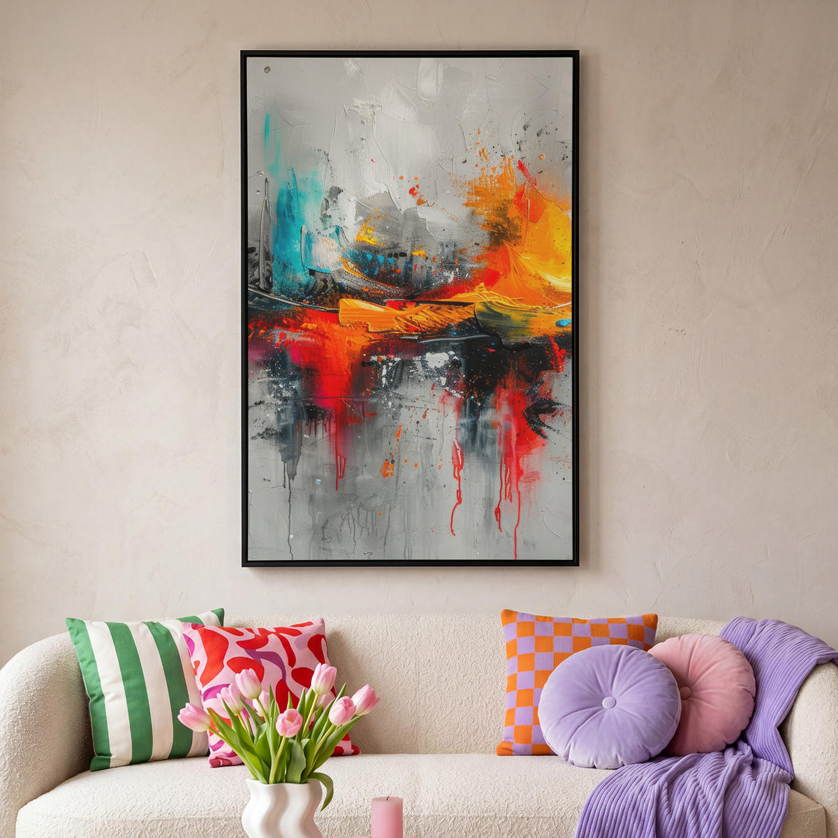 LEINWAND Bilder mit Rahmen - Moderne Kunst - Orange - Grau - Abstrakt - 80x120 - Hellgrau, Textil (80/120cm) - MuchoWow