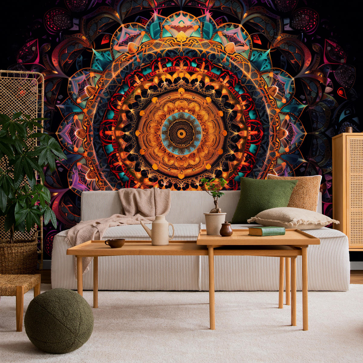 FOTOTAPETE für Schlafzimmer Bunte Mandala Vintage Orientalisch Harmonisch 400x280 - Gelb/Rot, Papier (400/280cm) - Muralo