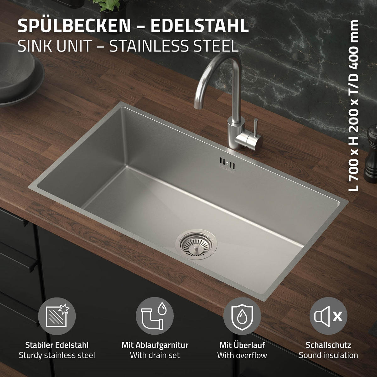 SPÜLBECKEN Edelstahl 70/40cm - Silberfarben, Metall (40/20/70cm) - ML-DESIGN