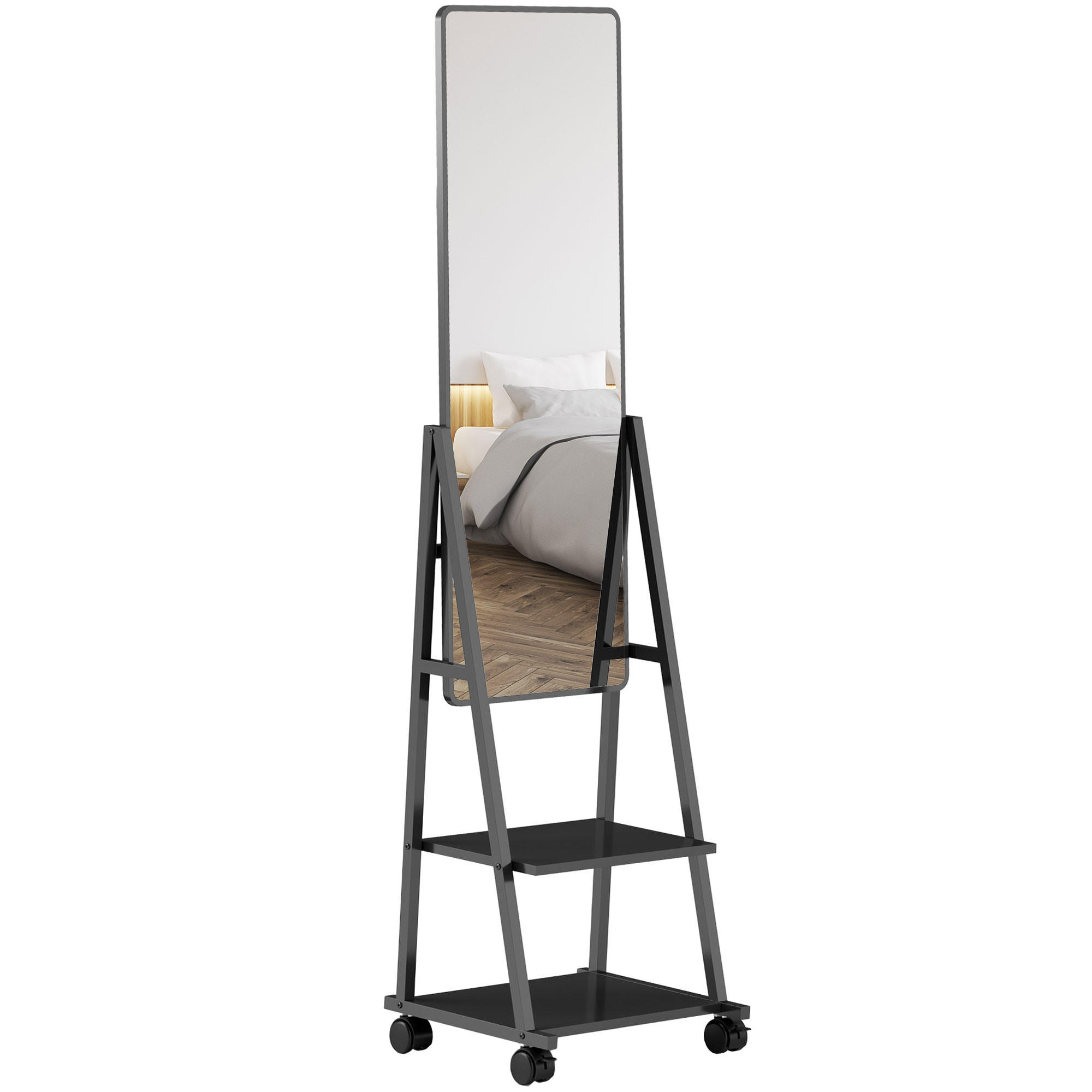 GANZKÖRPERSPIEGEL, 42 x 155 cm Standspiegel mit Ablage, Schwarz - Schwarz, Metall (42/155/37cm) - HOMCOM