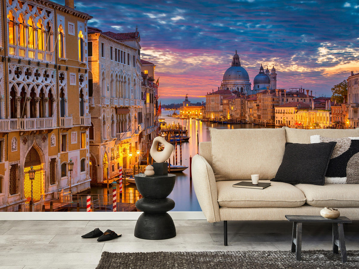 FOTOTAPETE für Wohnzimmer Venedig Nacht Panorama Historisch 100x70 - Violett/Rosa, Papier (100/70cm) - Muralo
