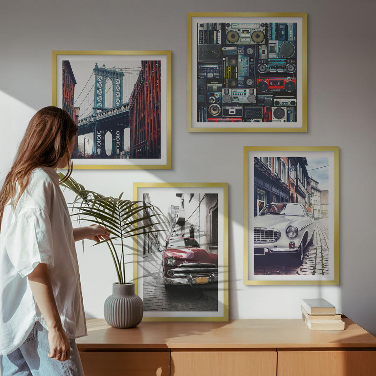 WANDBILDER 4er Set - 50x50 cm & 40x60 cm Goldrahmen - Old Cars Brooklyn Retro-Audio - Goldfarben, Kunststoff (50/50cm) - ArtPrintCave