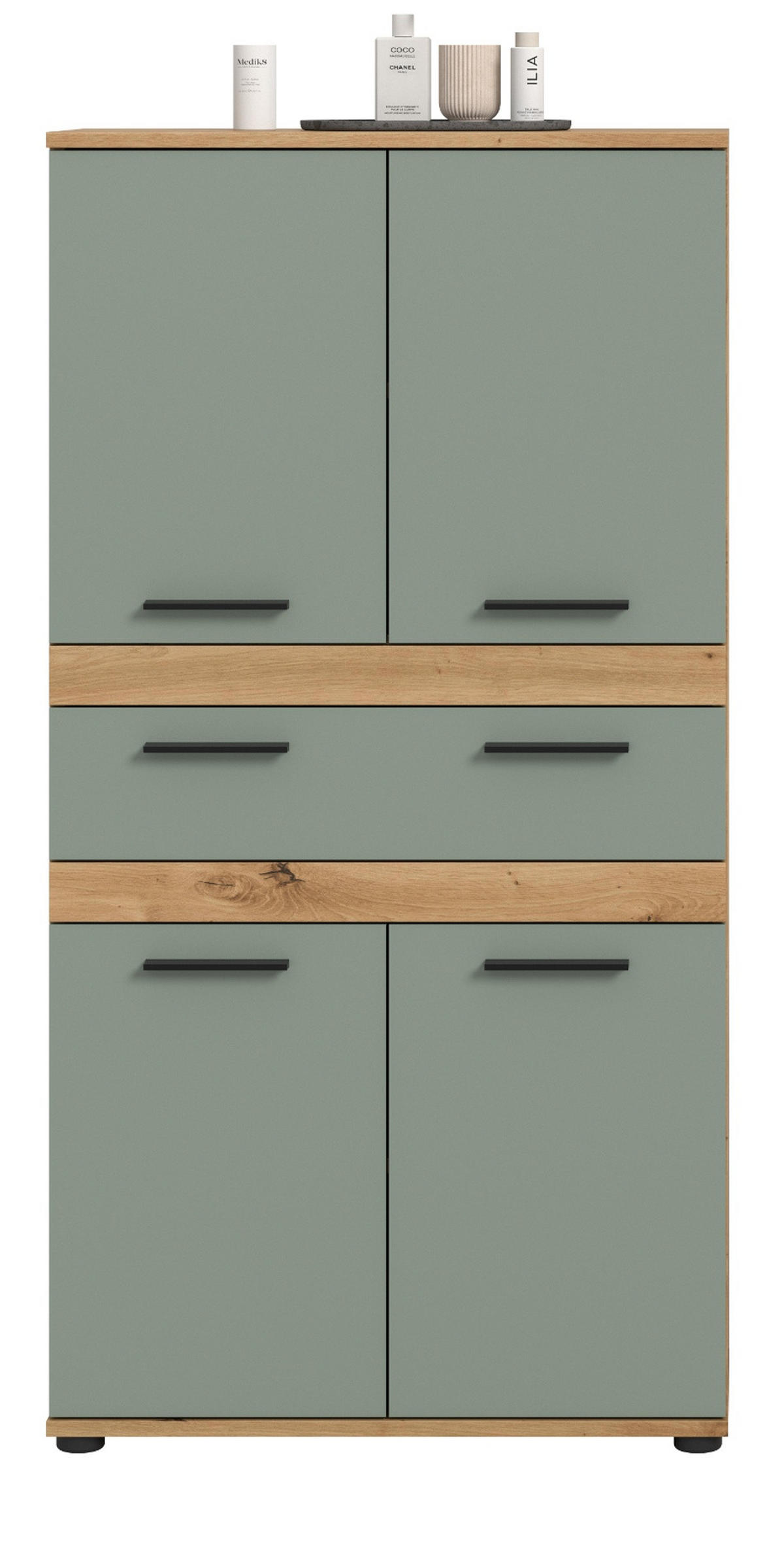 MIDISCHRANK Salbei, Artisan Eiche 70 x 137 cm, Badschrank mit vielen Fächern - Salbeigrün/Schwarz, Holzwerkstoff/Kunststoff (70/135/31cm) - Inn.Furn