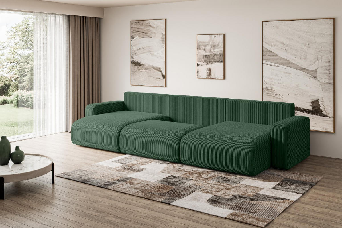 WOHNLANDSCHAFT mit Schlaffunktion und Bettkasten KLEEA-U - 347x143x83 cm Grün Cord - Schwarz/Grün, Holzwerkstoff/Kunststoff (347/83/143cm) - ALTDECOR