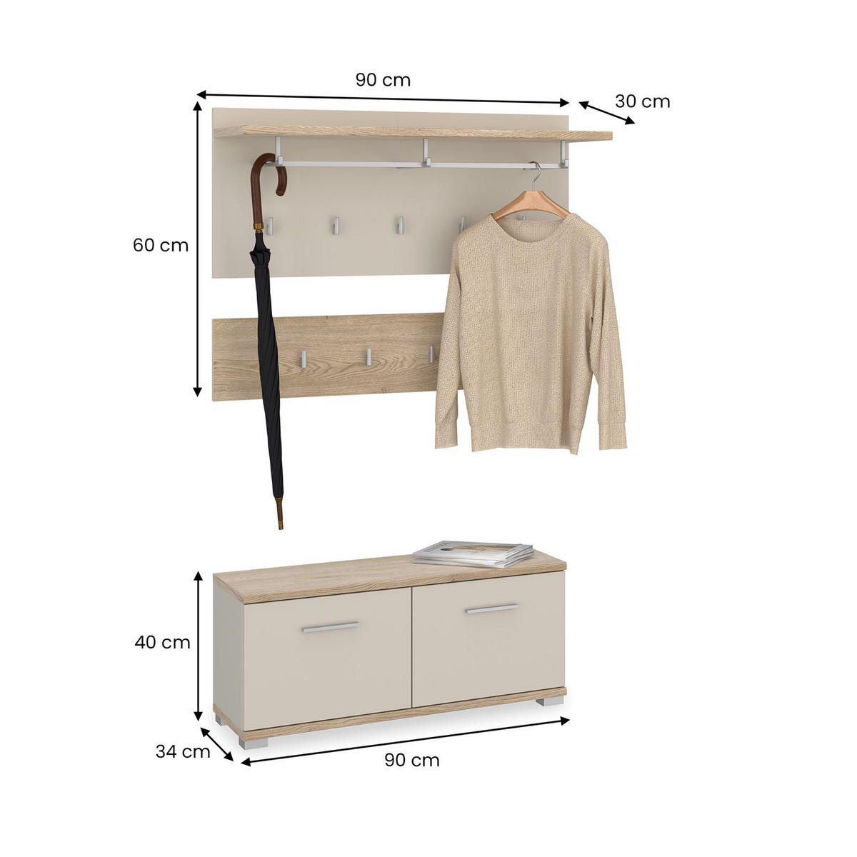 GARDEROBENSET BILBAO - Kaschmir/Sonoma Eiche, Holzwerkstoff (90/60/34cm) - IDIMEX