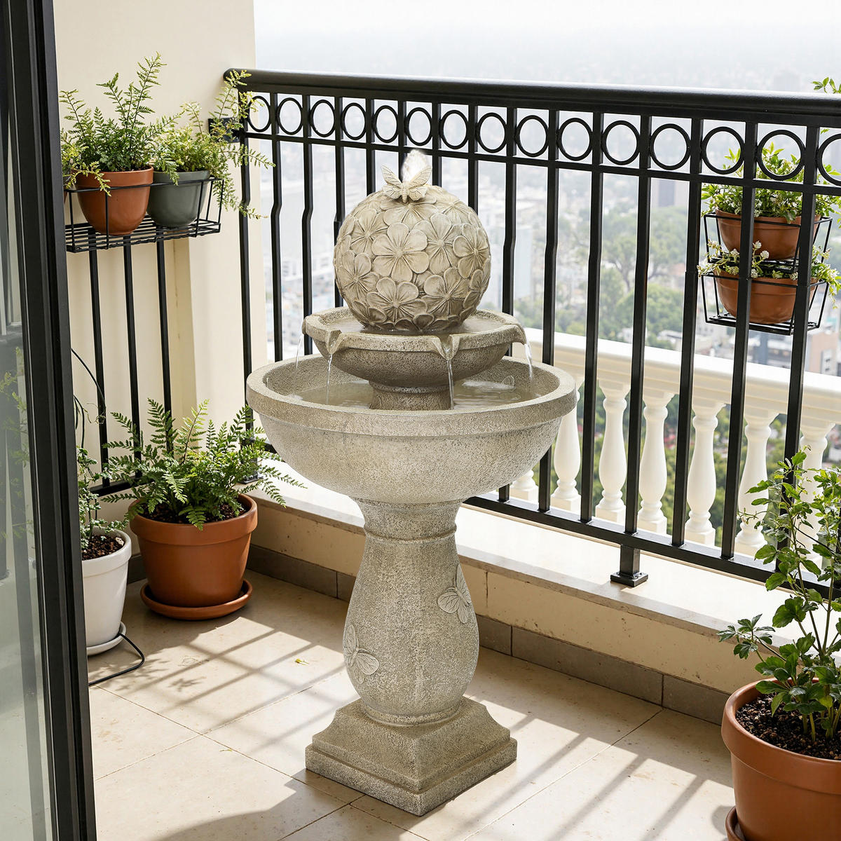 2-STUF. Polyresin-Gartenbrunnen, Vogeltränke+Schmetterling auf Kugel, 95cm, Garten/Balkon/Terrasse - Grau, Kunststoff (45/45/95cm)