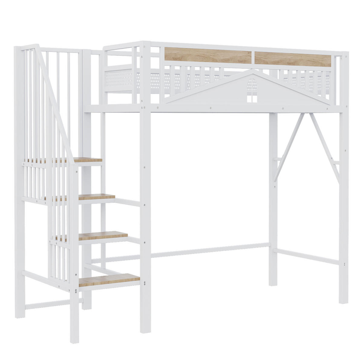 HOCHBETT 90/200 cm aus Metall und Holz mit Sicherheitsleiter und Stauraum Weiß - Weiß, Metall (90/200cm) - Modenvie
